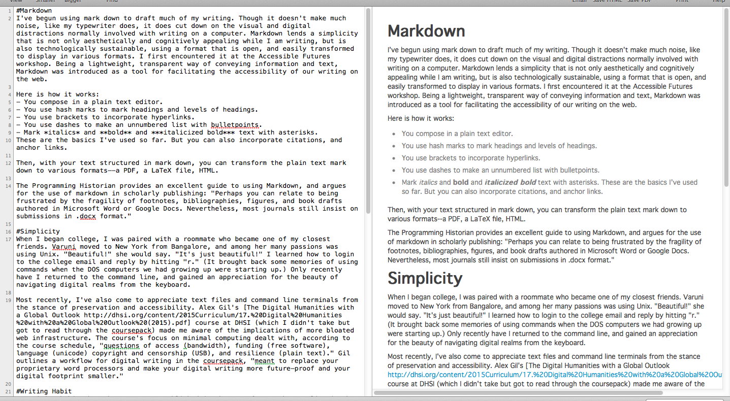 An editor with two windows, one with markdown, and the other with the markdown rendered to display the formatting.